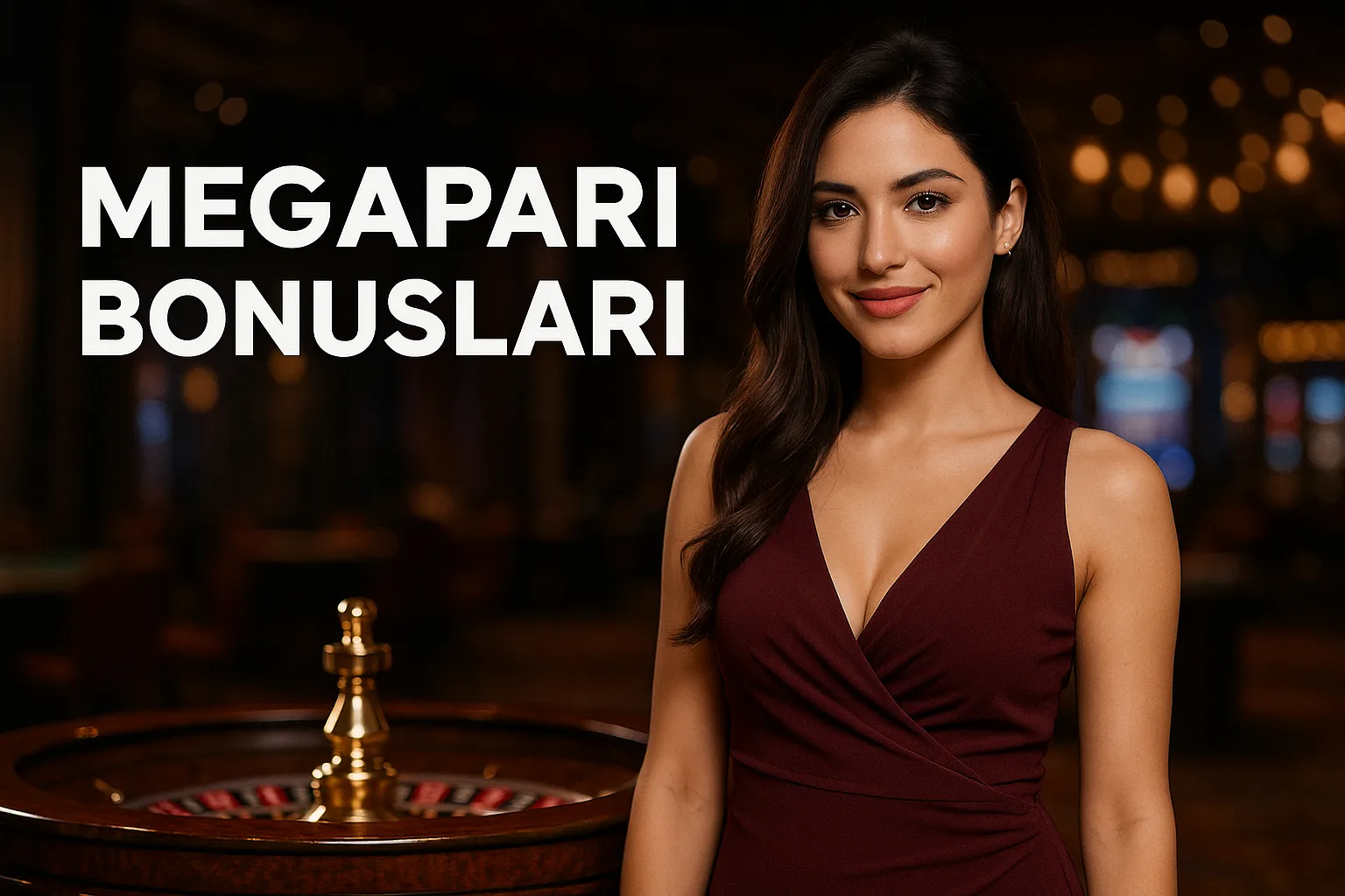 Gülümseyen Türk kadın, casino ortamında Megapari bonusları yazısı önünde duruyor