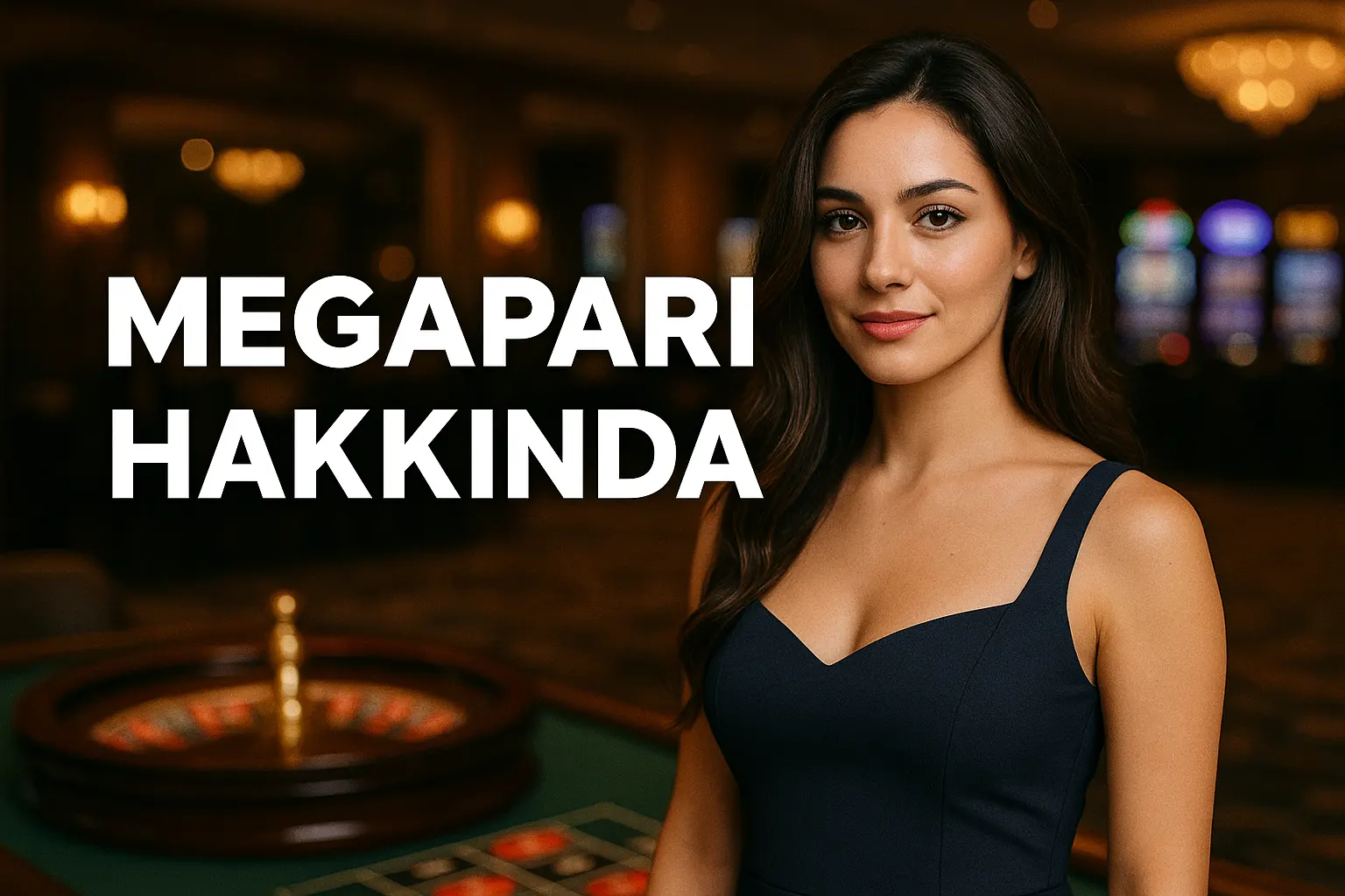 Türk kadın, casino arka planında Megapari logosu ile poz veriyor
