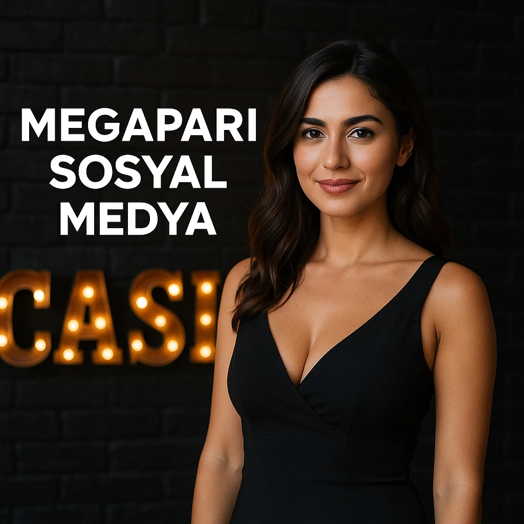 Türk kadın, sosyal medya temalı arka planda Megapari yazısı önünde duruyor