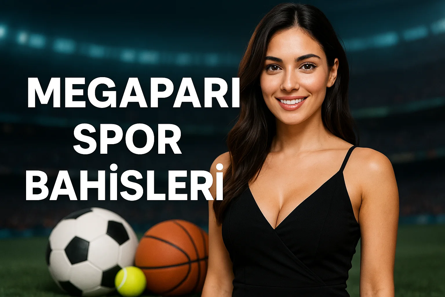 Türk kadın, futbol ve basketbol toplarıyla Megapari spor sahnesinde poz veriyor